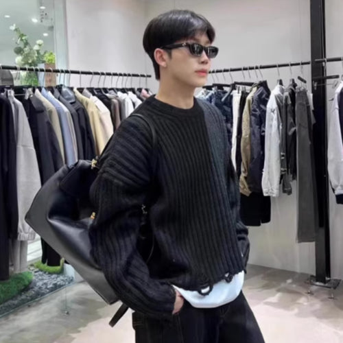 Broken Hole Short Black Round Neck Sweater