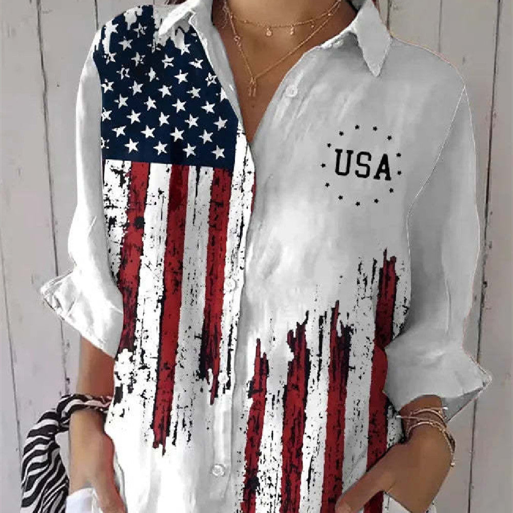Ladies' Fashionable Casual Flag Printed Shirt