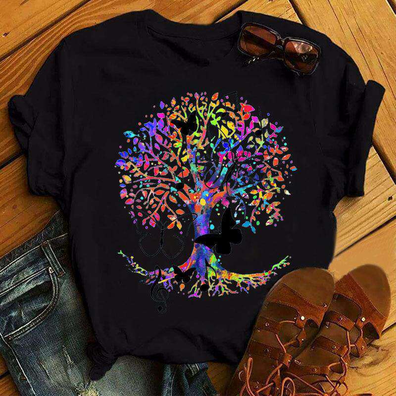 Color Butterfly Tree Round Neck Plus Size Bottoming Shirt