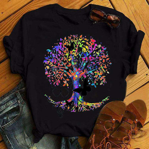 Color Butterfly Tree Round Neck Plus Size Bottoming Shirt