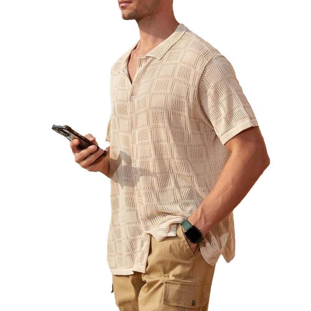 Men's Lapel Hollow-out Short-sleeve Shirt