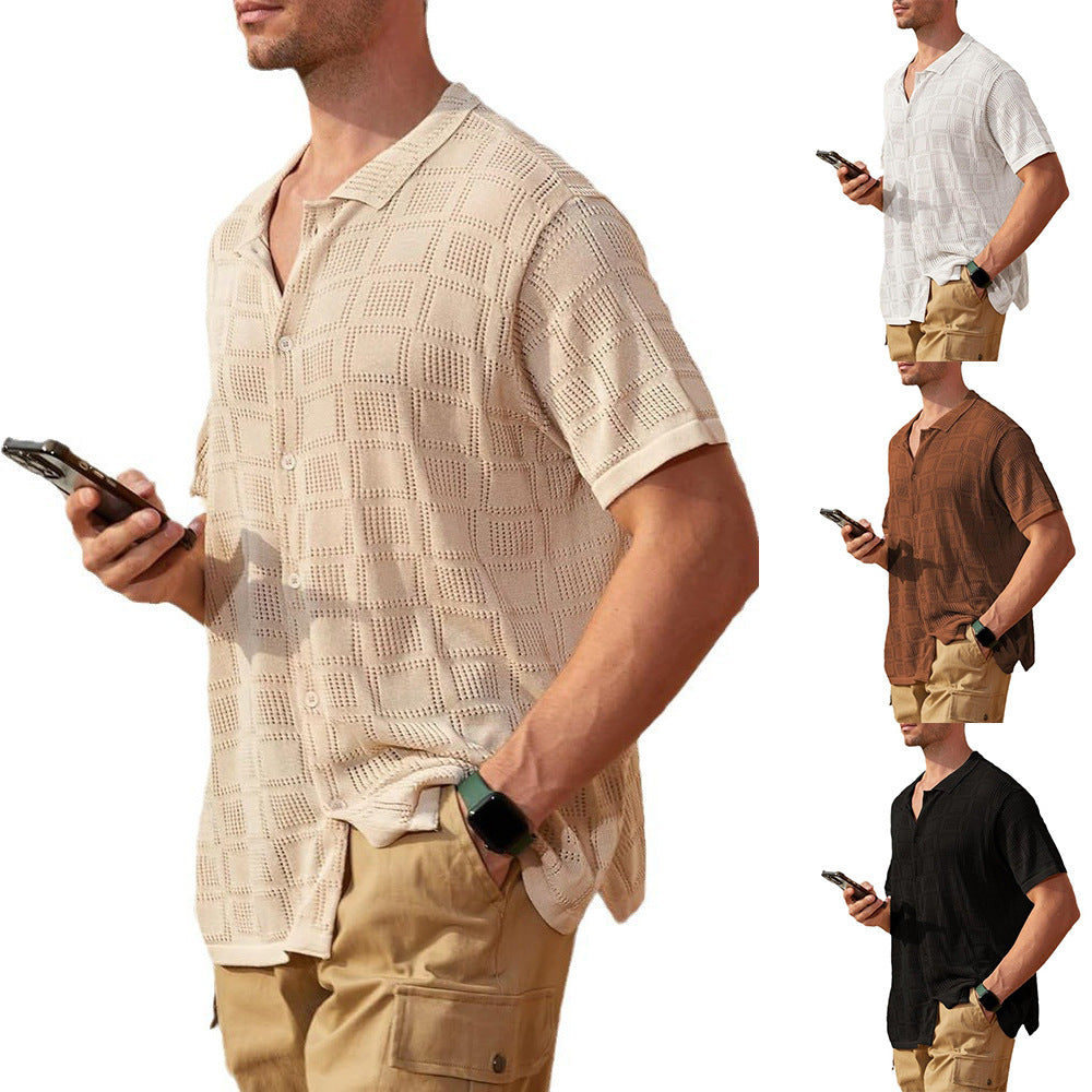 Men's Lapel Hollow-out Short-sleeve Shirt